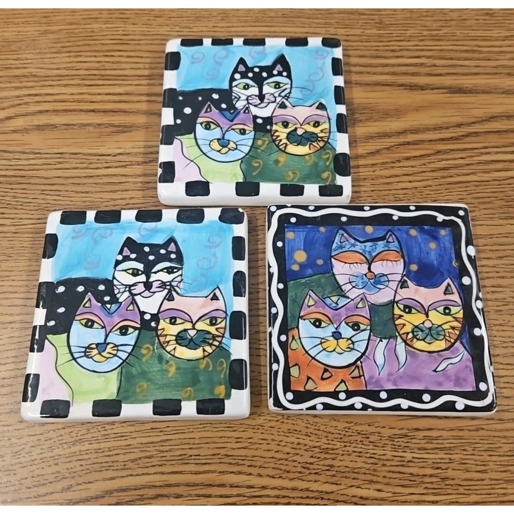 Milson‎ and Louis Hand Painted Laurel Burch Style Cats Ceramic Tile Trivet 3